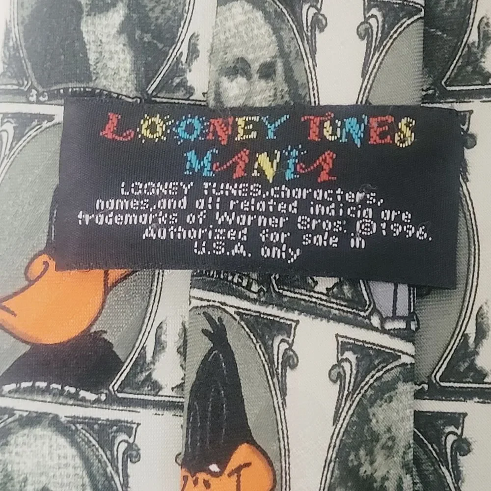 VTG Looney Toons Mania Funny Money Tie 1996 Dollar Bill Bugs Daffy Taz Friends